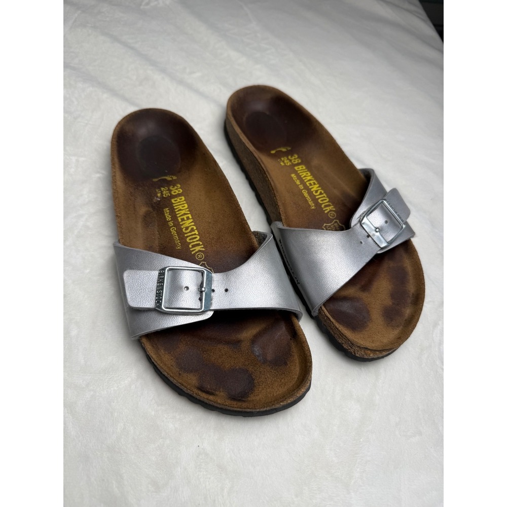 Birkenstock Madrid Buckle Metallic Silver Single Strap Slide Sandals 38
